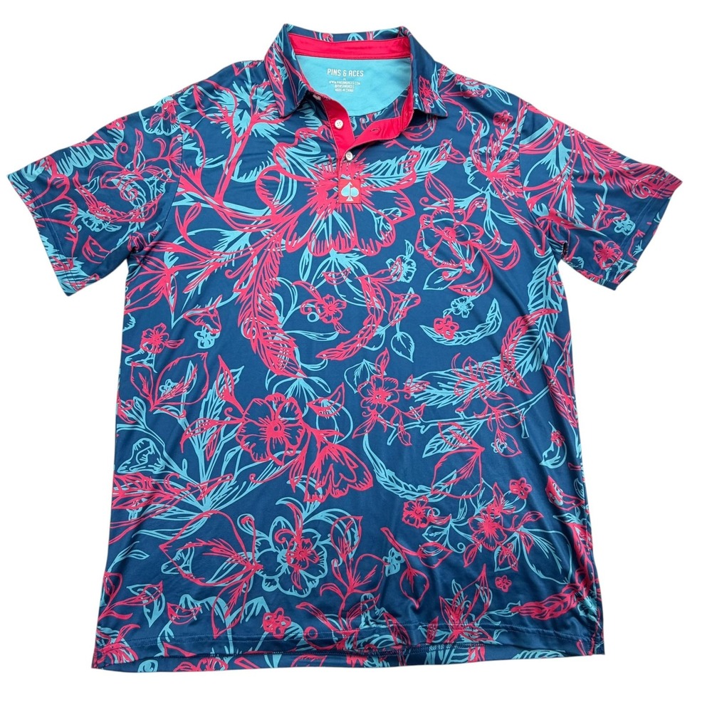 Pins & Aces Polo Shirt Mens XL Blue Floral Golf Print Short Sleeve Ocotillo Club